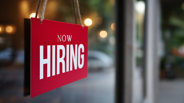 Now hiring sign hanging on a glass door, advertising new job opportunities and available positions, recruiting staff for business and employment growth with copy space