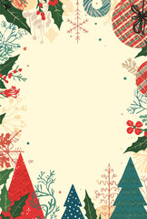 Vector illustration of a Christmas card with a flat design style, featuring a minimalist aesthetic, bold lines, and vibrant colors, including shades of red, green