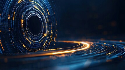 An abstract digital ring with intricate patterns and glowing orange and blue lines, suggesting data flow and futuristic technology in a dark, abstract space.