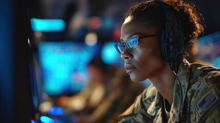 Woman in military uniform monitors data with focus in a command center during a training exercise in the evening