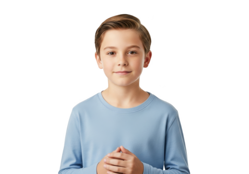 A portrait of a young boy in a light blue long-sleeved shirt, posed with hands clasped in front of him, blue, boy, chest, child, hand, portrait, pose, shirt, smile, stand, sweater, sweatshirt 