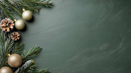 Evergreen branch with gold bauble and frosted pinecone on green festive background