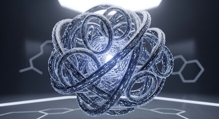 Abstract 3D rendering of a complex, glowing, spherical molecular structure with intricate interwoven strands against a dark background with hexagonal patterns and chemical diagrams.
