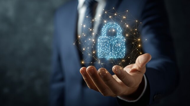 Professional man holding a digital lock, showcasing cybersecurity solutions and data protection for your business with a modern, secure feeling