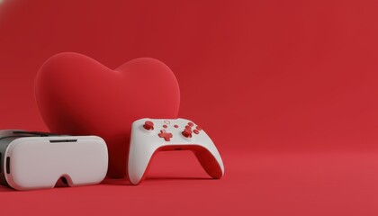 Valentine’s Day banner concept featuring sleek white cyber glasses and ergonomic gaming joystick by plush voluminous red heart, with bright matte red background, two-thirds empty space for promotion