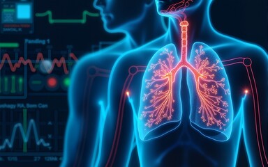futuristic medical research or lungs health care with diagnosis and vitals biometrics for clinical hospital asthma and respiratory cancer and disease tests services as wide banner with copy