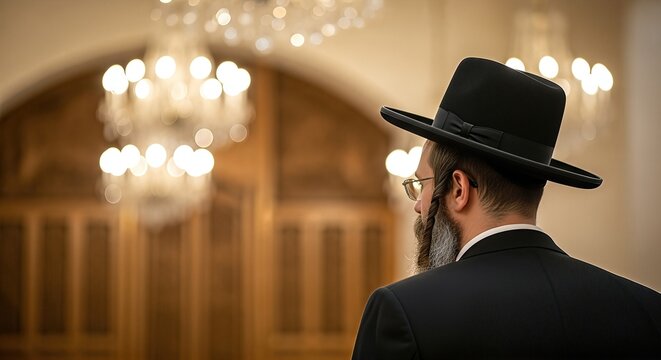 Rabbi in traditional black attire stands in a synagogue, illuminated by soft chandelier lights, reflecting the spiritual ambiance of Jewish worship and community gatherings