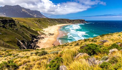 Obraz premium Coastal vista beach meeting sea with mountains and bright sky