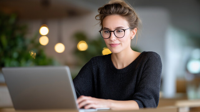 Young woman with glasses smiling and typing on a laptop, working remotely or studying in a modern cafe or home office environment, engaged in online business communication with copy space