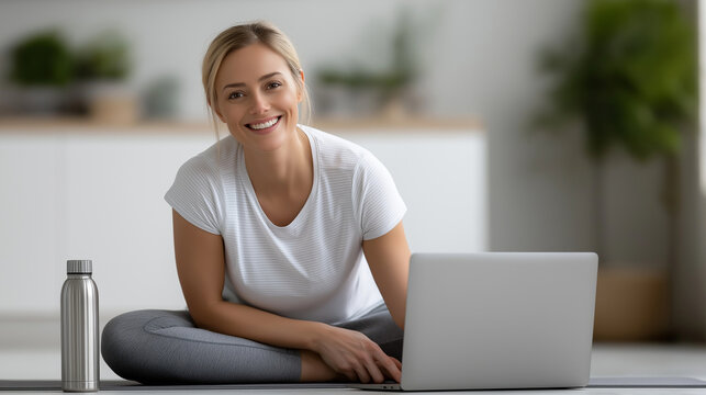 Happy young woman smiling, relaxing after remote workout on laptop, practicing yoga or fitness at home, enjoying healthy lifestyle and online training with copy space - Powered by Adobe