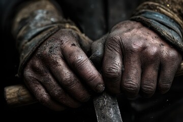 Rugged worker hands stained with dirt, showing wear from industrial tasks