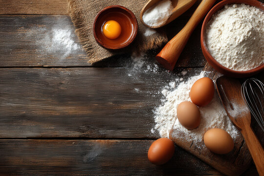 Fresh ingredients arranged on a wooden kitchen table for baking scrumptious treats during afternoon hours