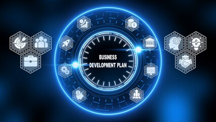 Business Development Plan Concept with Blue Neon Icons and Circle strategy planning