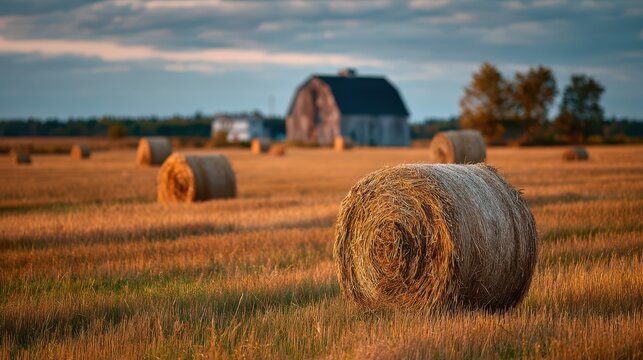 Rustic farm field with hay stacks and long shadows in late afternoon light