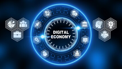 Digital Economy Circular Infographic with Blue Neon Icons on Dark Background circular diagram business