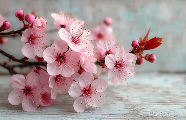 white wooden background with a border of pink cherry blossoms. this spring template is suitable for design, greeting cards, or banners.