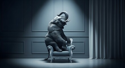 Elephant sitting on ornate chair in dimly lit room furniture