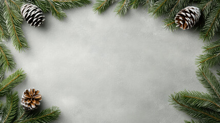 Snow dusted pine border with cones creating festive winter frame