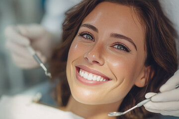 Happy patient showing bright smile during dental checkup in a modern clinic