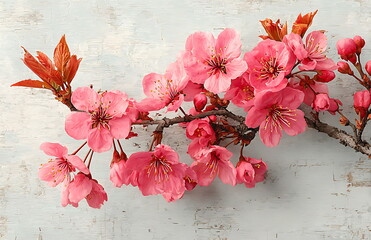 white wooden background with a border of pink cherry blossoms. this spring template is suitable for design, greeting cards, or banners.