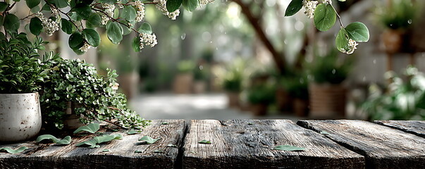 white wooden tabletop with blurred green leaves and a natural background for product display montage, a summer concept.