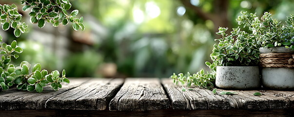 white wooden tabletop with blurred green leaves and a natural background for product display montage, a summer concept.