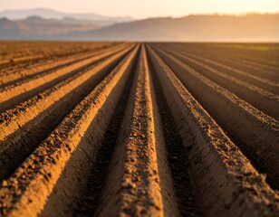 Close-up of freshly plowed farm field rows at sunset, leading to hazy hills