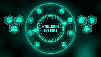 Intelligent Systems Business Concept With Teal Neon Icons And Circular Diagram artificial intelligence