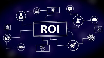 ROI Return on Investment Flowchart with Business Icons and Blue Background image photo