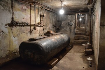 Rusty steel heating oil tank in a grimy basement with peeling walls and exposed pipes