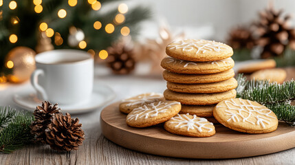 Festive stack of iced cookies on wooden board with pine cones and warm lights
