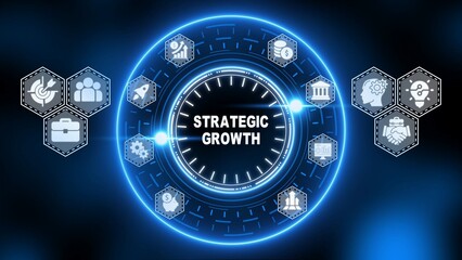 Strategic Growth Concept with Futuristic Icons and Blue Neon Circle business development progress