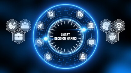 Smart Decision Making Concept with Neon Blue Icons and Circular HUD Interface technology business