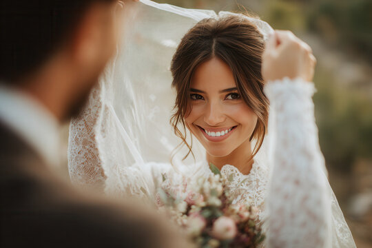 Bride smiling happily while holding her veil during an outdoor wedding ceremony in a scenic location - Powered by Adobe