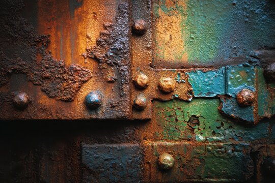 Rusty metal panel with rough texture and patina in industrial tones