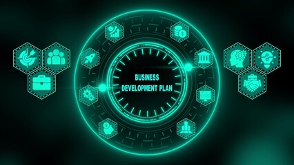 Teal Neon Business Development Plan Circular Infographic with Icons and Futuristic Glow circular diagram