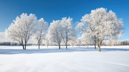 Obraz premium Frost covered winter tree snow field blue sky sunrise light hoarfrost