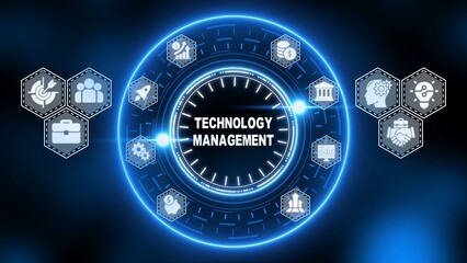 Technology management concept with glowing blue neon icons and central hub on dark background business