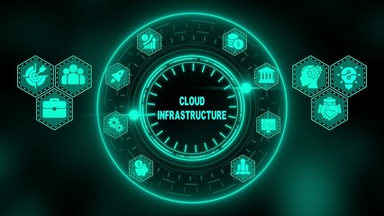 Teal Cloud Infrastructure Concept with Hexagonal Icons and Glowing Teal Neon Circle cloud computing technology