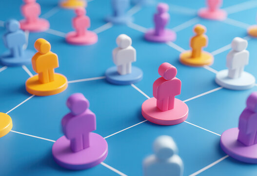 Colorful network of figures representing connections and social relationships among people in a modern context