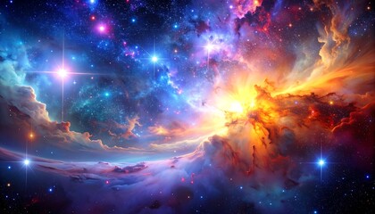 Fototapeta premium Vibrant cosmic nebula of blues, oranges, and purples with bright starlight fills the infinite void