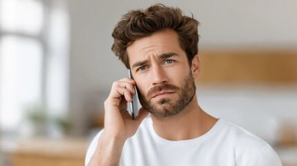 Young adult man listening to a serious phone call with a concerned expression, furrowing his brow and looking directly at the viewer, communicating difficult information with copy space