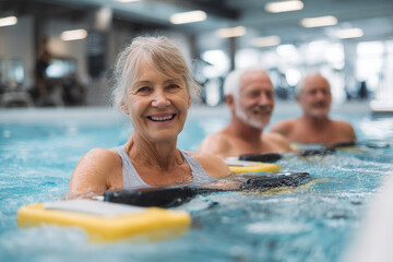 Obraz premium Senior adults enjoying water exercise class in a bright indoor pool setting during morning hours