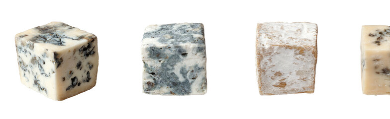 Four cubes of blue cheese on black