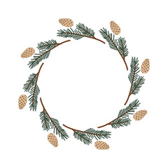 Christmas floral wreath with holly, mistletoe, spruce branches isolated on white background. Vector holiday illustration. New year decoration.