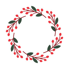 Christmas floral wreath with holly, mistletoe, spruce branches isolated on white background. Vector holiday illustration. New year decoration.