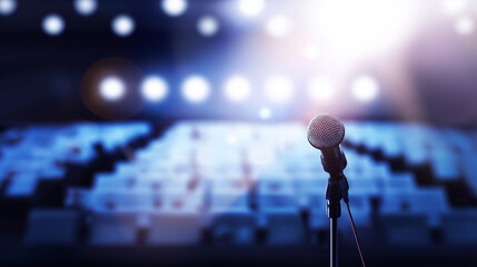 Microphone standing on an empty stage with bright spotlight illuminating the performance area, preparing for a public speaking event or live show in a conference hall with copy space