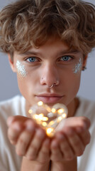 Naklejka premium Young person holding illuminated heart lights, expressing emotions of sharing love, care, romance, and connection, with glitter makeup and nose piercings