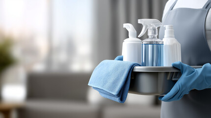 Professional cleaner in apron and gloves holding a cleaning caddy with various spray bottles, detergents, and microfiber cloth, ready for house chores and hygienic service at home with copy space