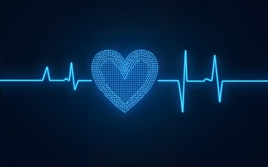 Tech illustration of dotted heart, heartwave on digital grid. Futuristic tech, innovation meet medical science, cardiology, healthcare. Blue, cyan colors on dark background. Modern digital